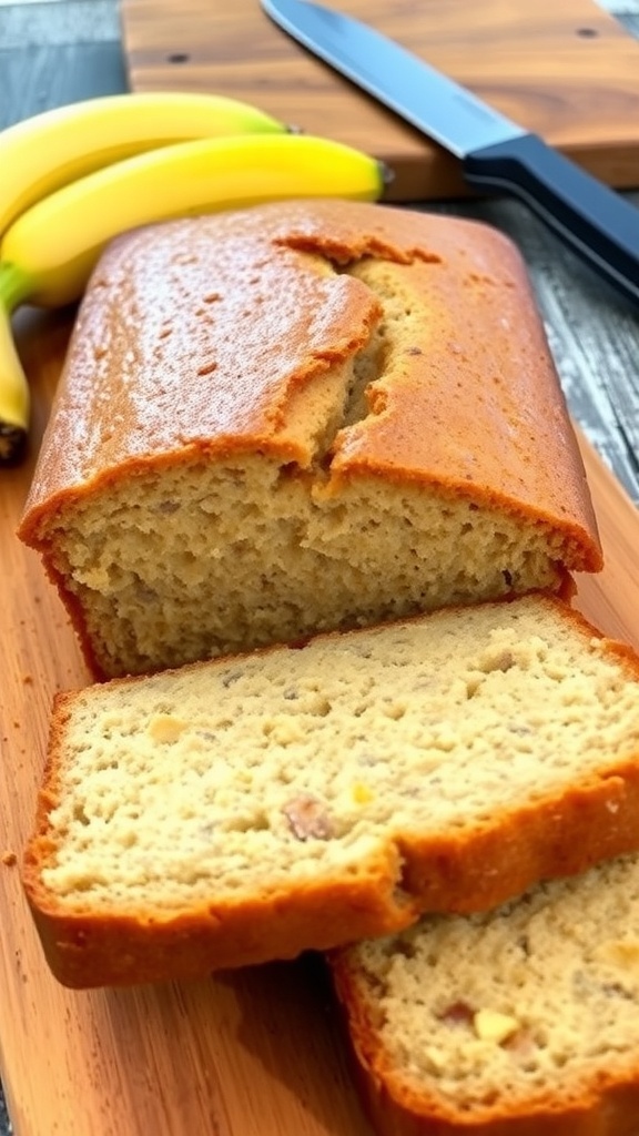 Moist Banana Bread Recipe Sliced moist banana bread on a cutting board with ripe bananas in the background.